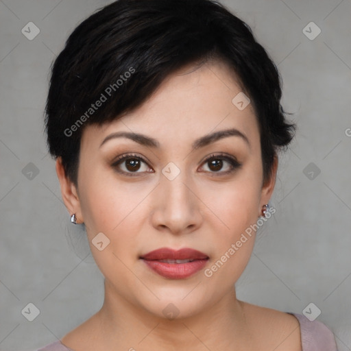 Joyful asian young-adult female with medium  black hair and brown eyes