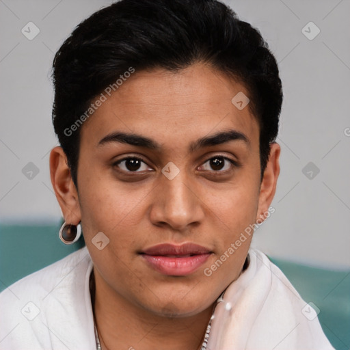 Joyful latino young-adult female with short  brown hair and brown eyes