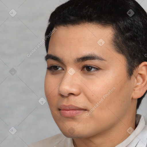 Neutral latino young-adult male with short  black hair and brown eyes