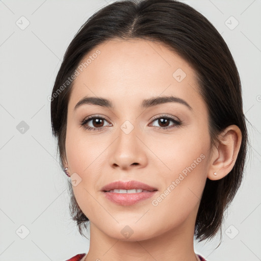 Joyful white young-adult female with medium  black hair and brown eyes