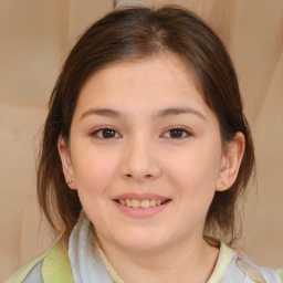 Joyful white child female with medium  brown hair and brown eyes