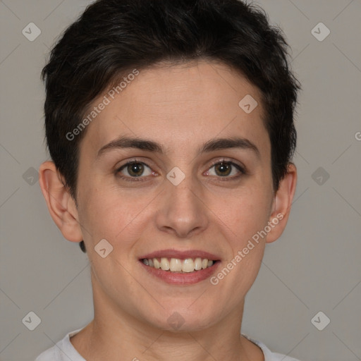 Joyful white young-adult female with short  brown hair and brown eyes