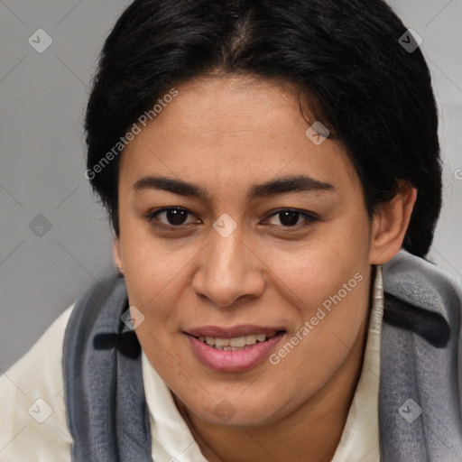 Joyful latino young-adult female with short  brown hair and brown eyes