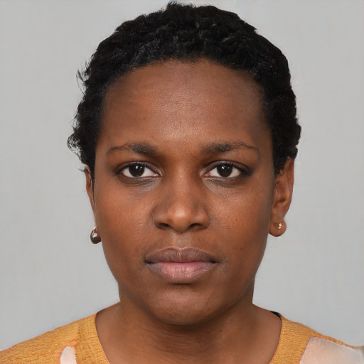 Neutral black young-adult female with short  black hair and brown eyes