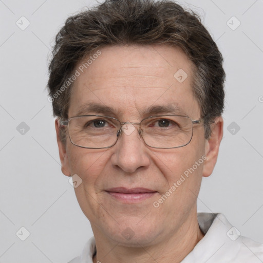 Joyful white middle-aged male with short  brown hair and brown eyes