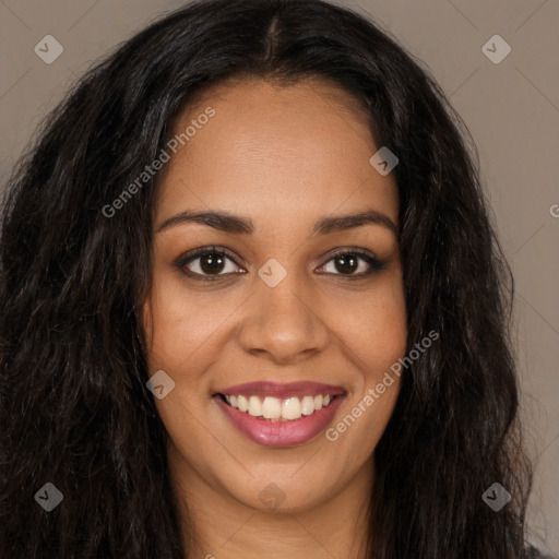 Joyful latino young-adult female with long  brown hair and brown eyes