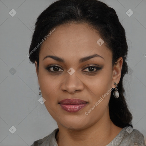 Joyful latino young-adult female with long  brown hair and brown eyes