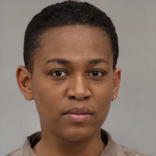 Neutral black young-adult female with short  brown hair and brown eyes