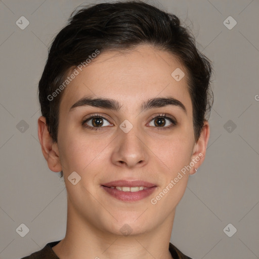 Joyful white young-adult female with short  brown hair and brown eyes