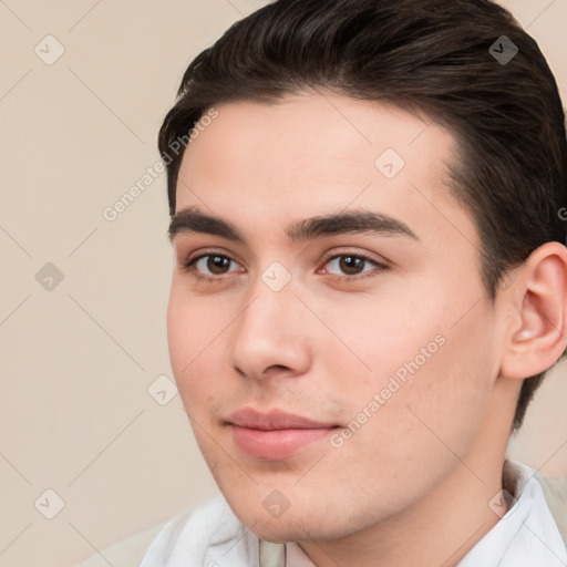 Neutral white young-adult male with short  brown hair and brown eyes