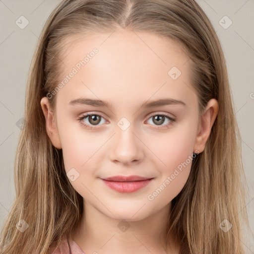 Joyful white child female with long  brown hair and brown eyes