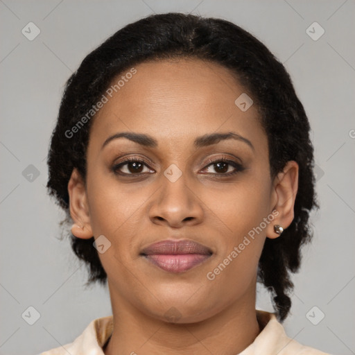 Joyful black young-adult female with medium  black hair and brown eyes