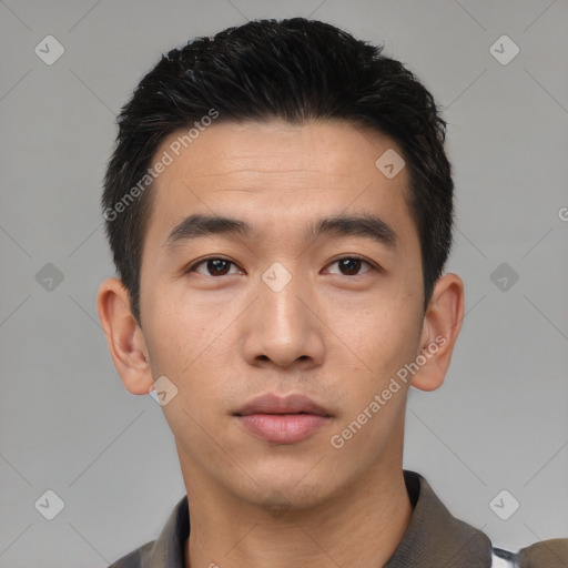 Neutral asian young-adult male with short  black hair and brown eyes