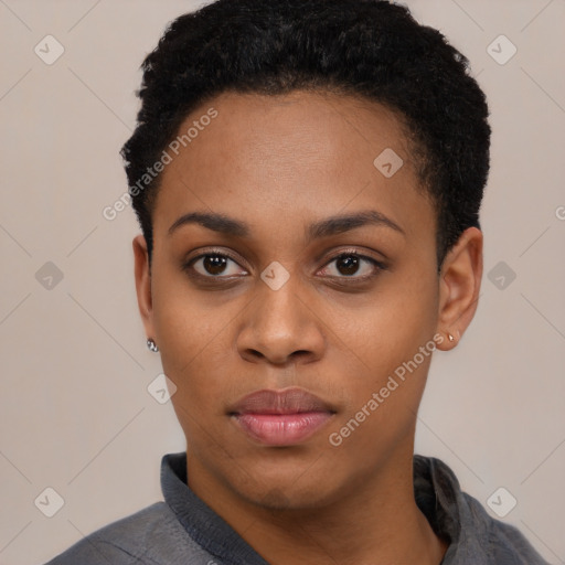 Neutral black young-adult female with short  black hair and brown eyes