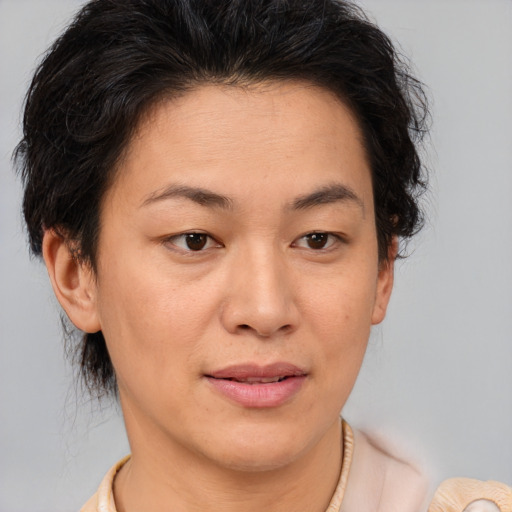 Joyful asian young-adult female with short  brown hair and brown eyes