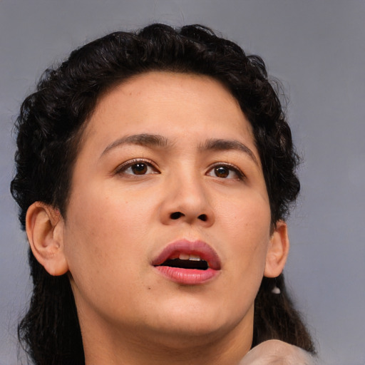Neutral asian young-adult female with medium  brown hair and brown eyes