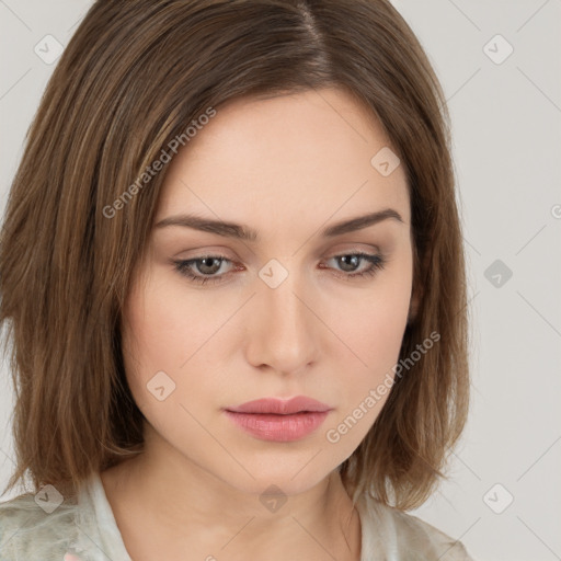 Neutral white young-adult female with medium  brown hair and brown eyes