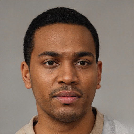 Neutral black young-adult male with short  black hair and brown eyes