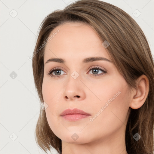 Neutral white young-adult female with medium  brown hair and grey eyes