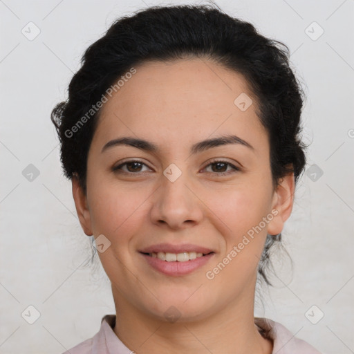 Joyful latino young-adult female with short  brown hair and brown eyes