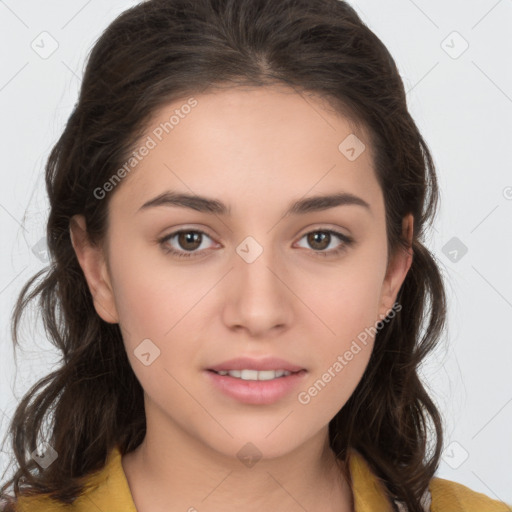 Neutral white young-adult female with medium  brown hair and brown eyes