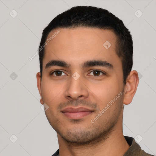 Neutral latino young-adult male with short  black hair and brown eyes