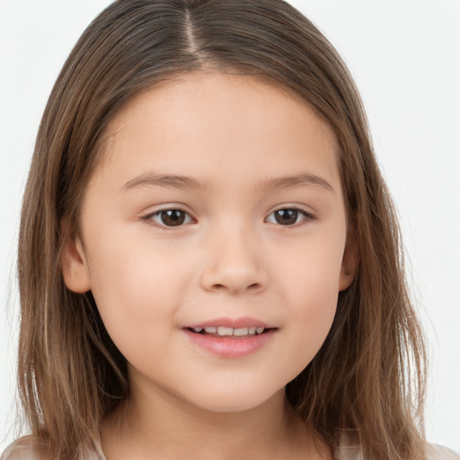 Joyful white child female with long  brown hair and brown eyes