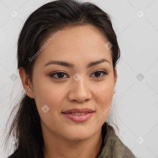 Joyful asian young-adult female with long  brown hair and brown eyes