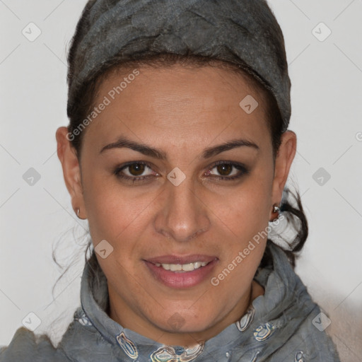 Joyful white adult female with short  brown hair and brown eyes