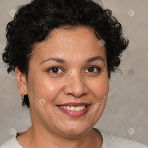 Joyful white adult female with short  brown hair and brown eyes