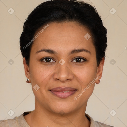 Joyful latino young-adult female with short  brown hair and brown eyes