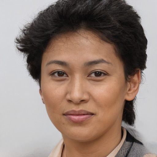 Joyful latino young-adult female with short  brown hair and brown eyes