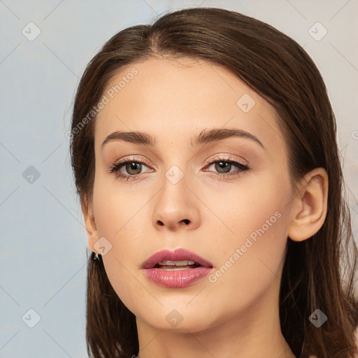 Neutral white young-adult female with medium  brown hair and brown eyes