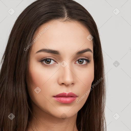 Neutral white young-adult female with long  brown hair and brown eyes