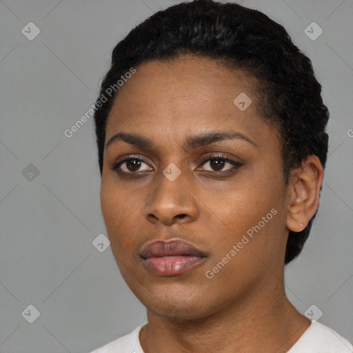 Neutral black young-adult female with short  black hair and brown eyes