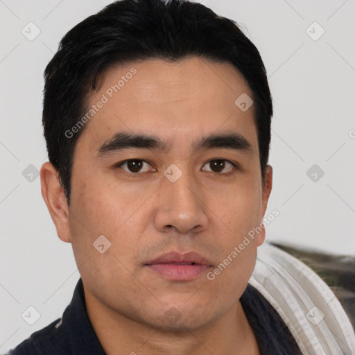 Neutral asian young-adult male with short  brown hair and brown eyes