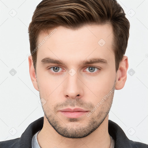 Neutral white young-adult male with short  brown hair and brown eyes