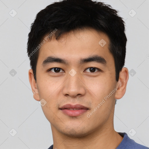 Neutral asian young-adult male with short  black hair and brown eyes