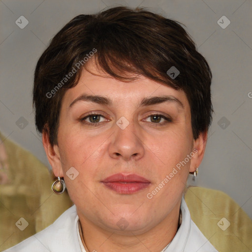 Joyful white adult female with medium  brown hair and brown eyes