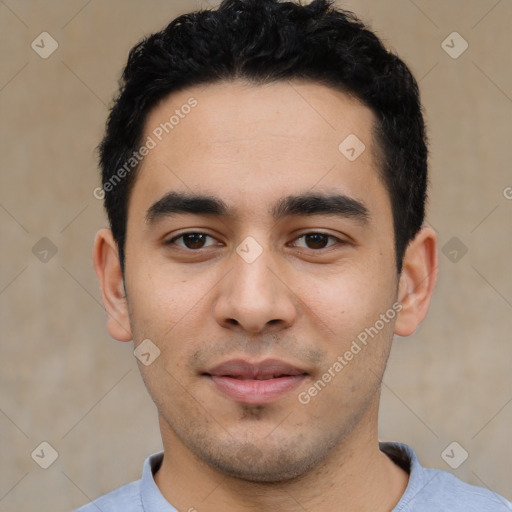 Neutral latino young-adult male with short  black hair and brown eyes