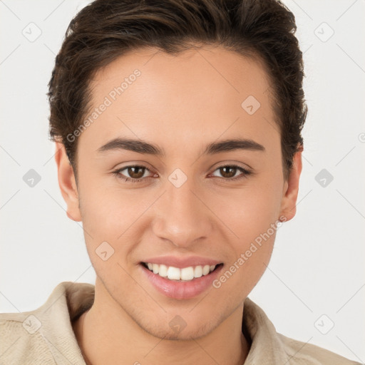 Joyful white young-adult female with short  brown hair and brown eyes