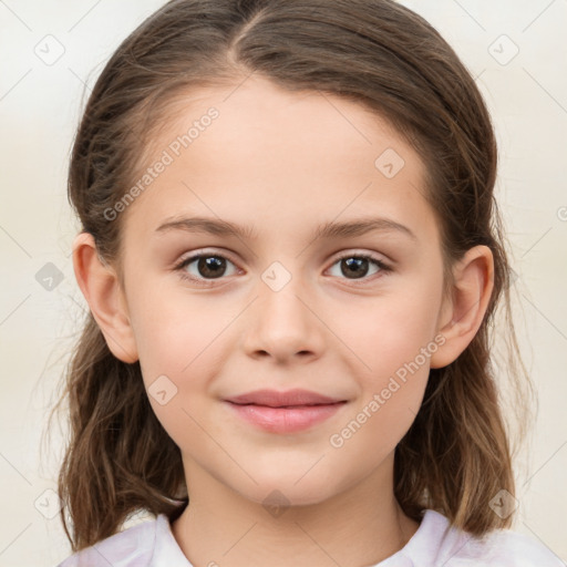 Joyful white child female with medium  brown hair and brown eyes