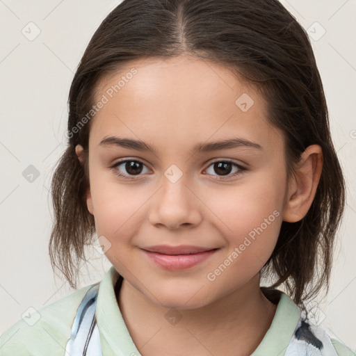 Joyful white child female with medium  brown hair and brown eyes