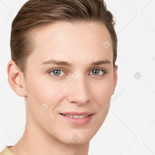 Joyful white young-adult female with short  brown hair and grey eyes