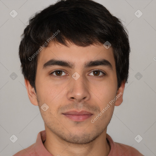 Neutral white young-adult male with short  brown hair and brown eyes