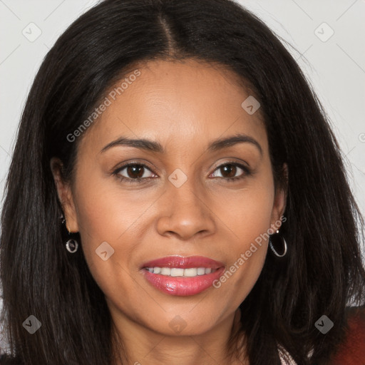 Joyful latino young-adult female with long  brown hair and brown eyes