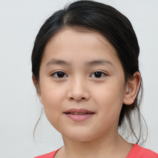 Joyful white child female with medium  brown hair and brown eyes