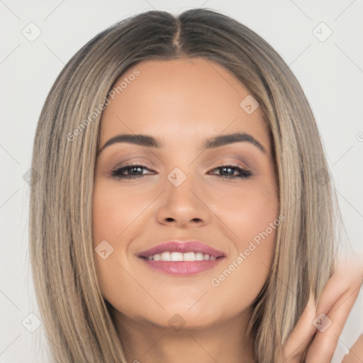 Joyful white young-adult female with long  brown hair and brown eyes