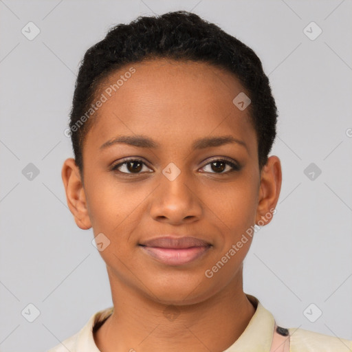 Joyful black young-adult female with short  brown hair and brown eyes