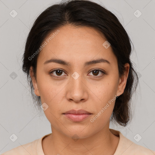 Neutral white young-adult female with medium  brown hair and brown eyes